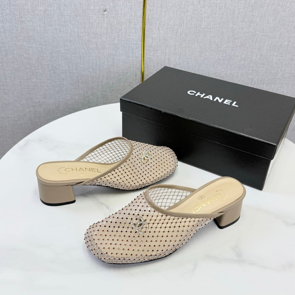 CHANEL 26S MESH HIGH HEEL MULES IN BEIGE LAMBSKIN