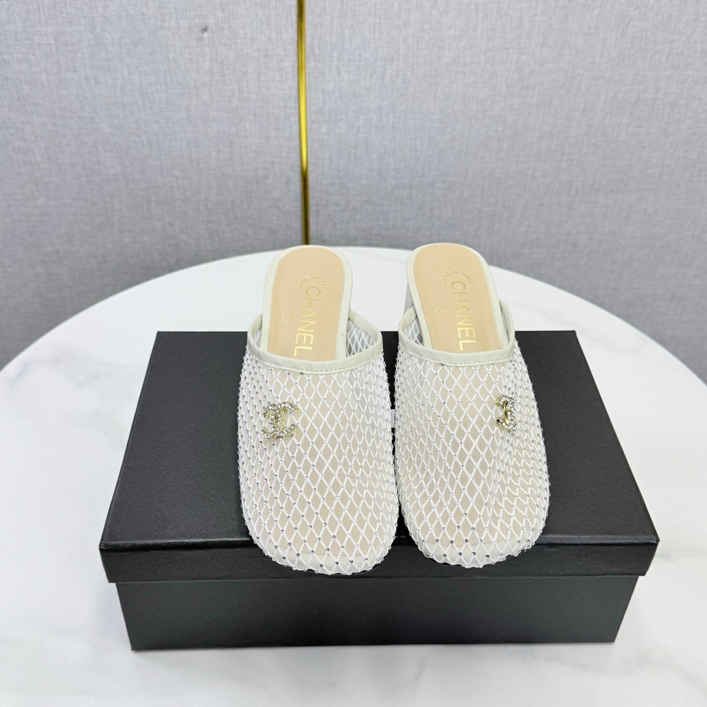 CHANEL 26S MESH HIGH HEEL MULES IN WHITE LAMBSKIN