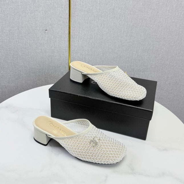 CHANEL 26S MESH HIGH HEEL MULES IN WHITE LAMBSKIN