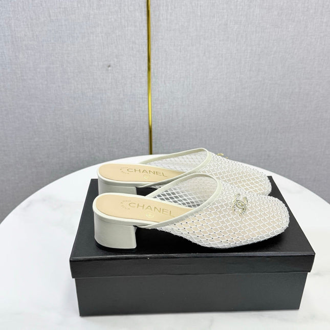 CHANEL 26S MESH HIGH HEEL MULES IN WHITE LAMBSKIN