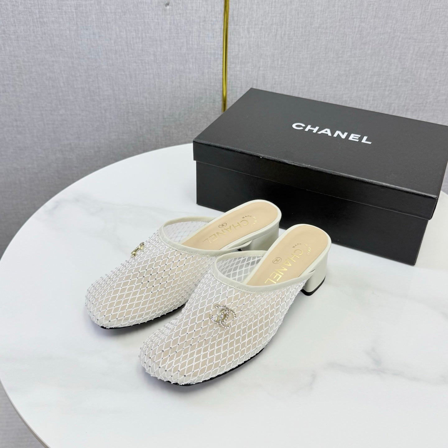 CHANEL 26S MESH HIGH HEEL MULES IN WHITE LAMBSKIN
