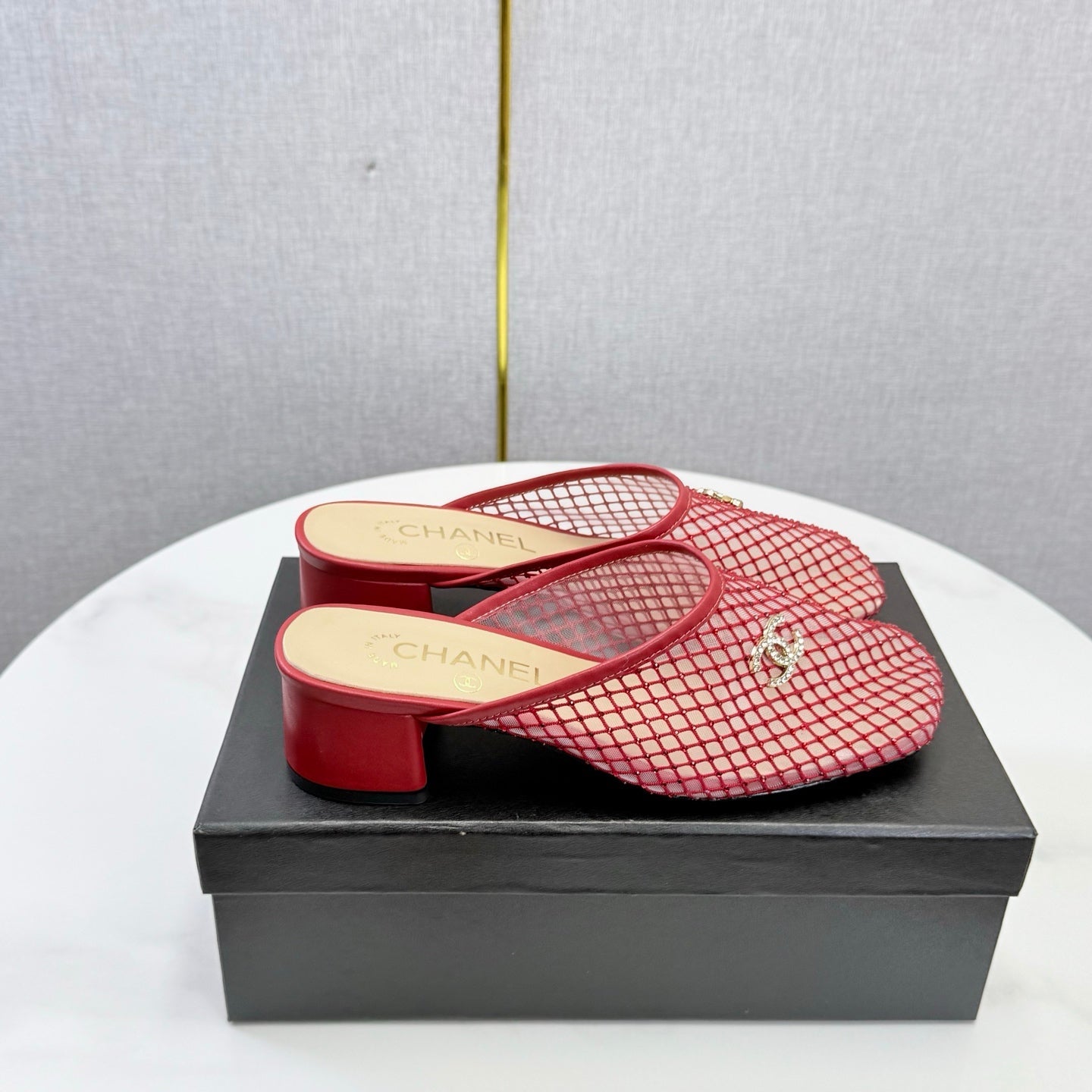 CHANEL 26S MESH HIGH HEEL MULES IN RED LAMBSKIN