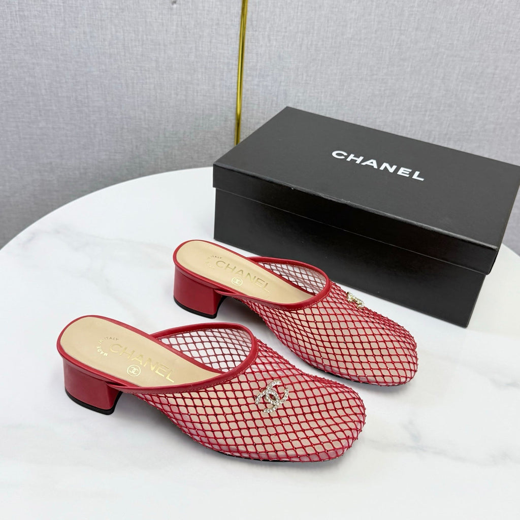 CHANEL 26S MESH HIGH HEEL MULES IN RED LAMBSKIN