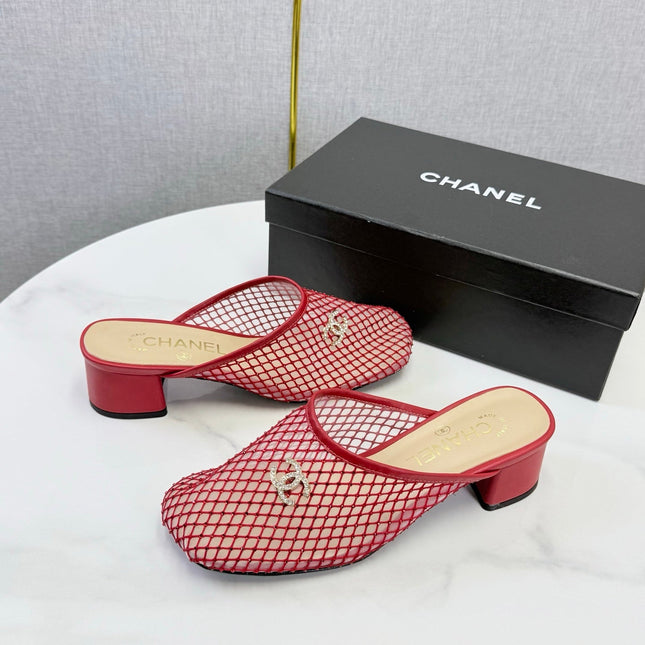 CHANEL 26S MESH HIGH HEEL MULES IN RED LAMBSKIN