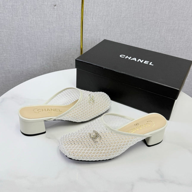 CHANEL 26S MESH HIGH HEEL MULES IN WHITE LAMBSKIN