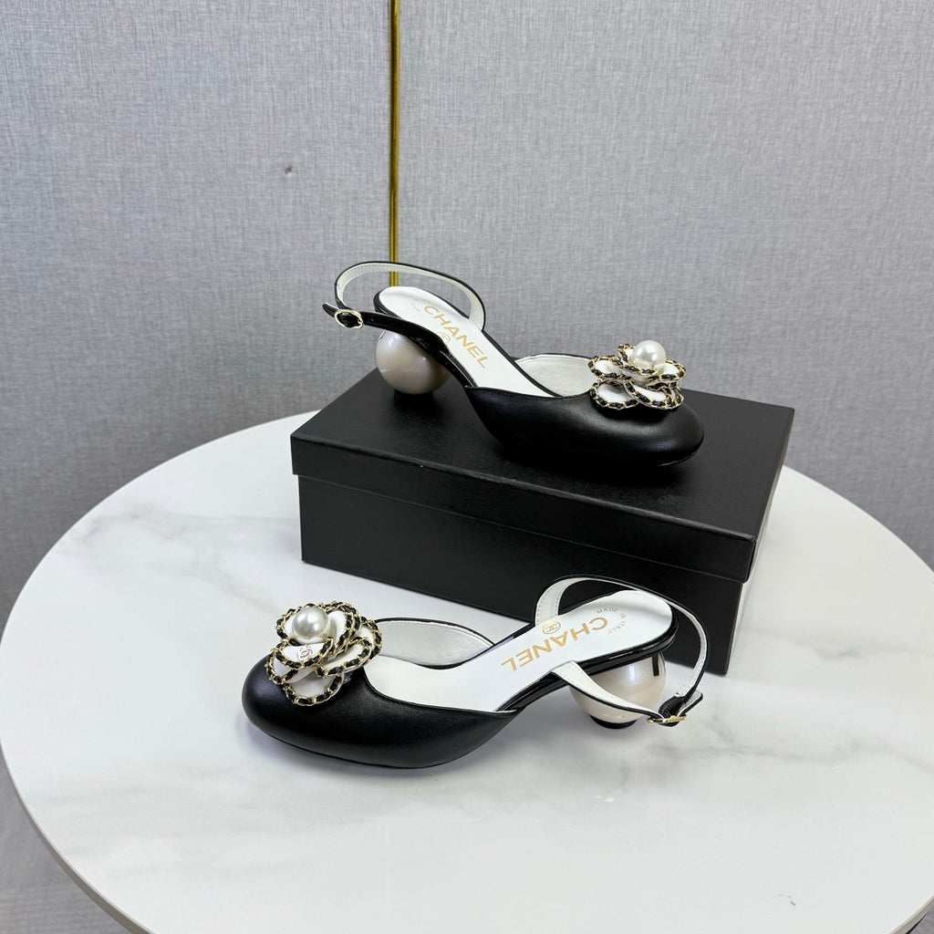CHANEL 26S CAMELLIA PEARL SLINGBACKS IN BLACK CALFSKIN