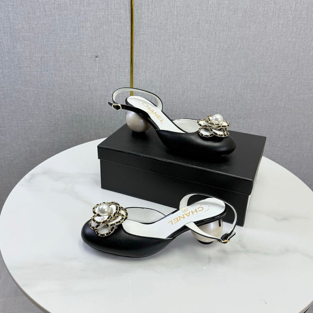 CHANEL 26S CAMELLIA PEARL SLINGBACKS IN BLACK CALFSKIN