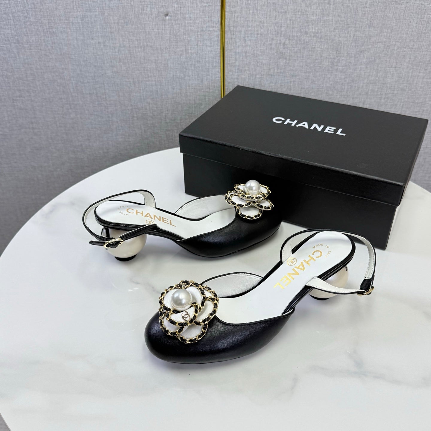 CHANEL 26S CAMELLIA PEARL SLINGBACKS IN BLACK CALFSKIN