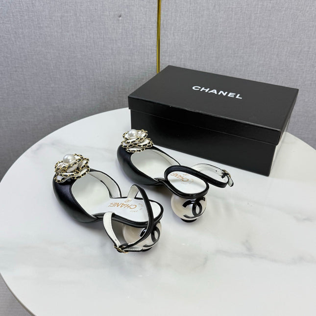 CHANEL 26S CAMELLIA PEARL SLINGBACKS IN BLACK CALFSKIN