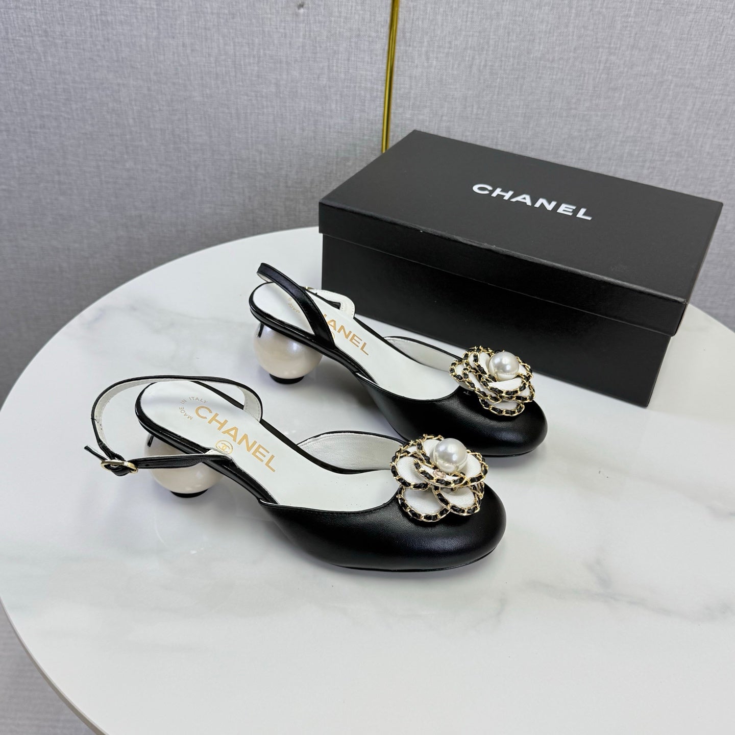 CHANEL 26S CAMELLIA PEARL SLINGBACKS IN BLACK CALFSKIN