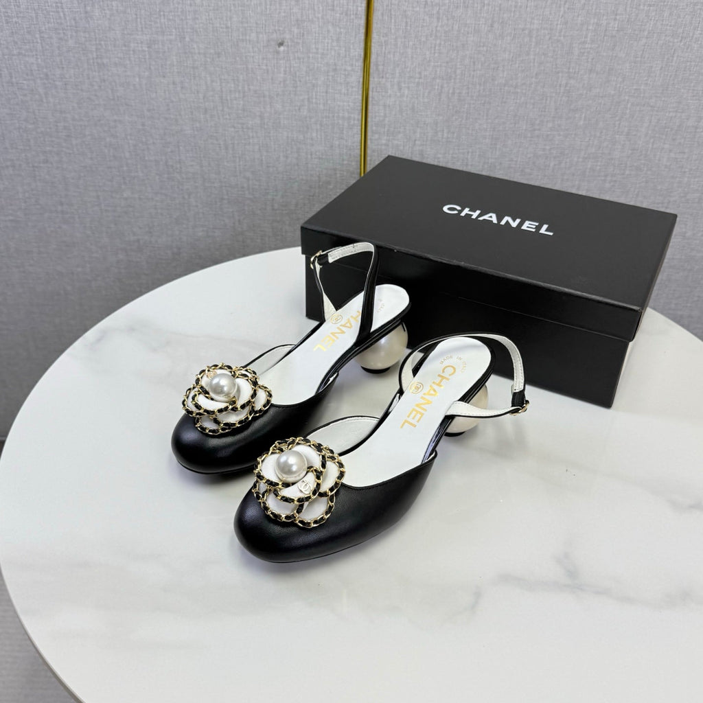 CHANEL 26S CAMELLIA PEARL SLINGBACKS IN BLACK CALFSKIN