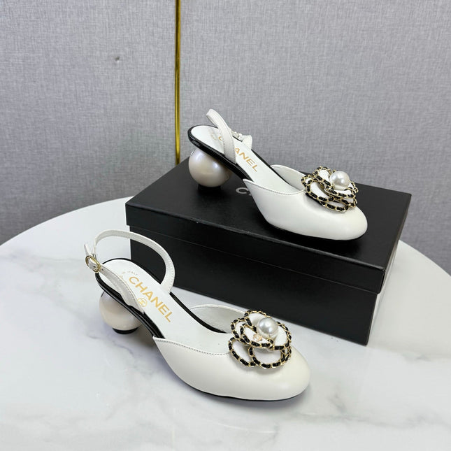 CHANEL 26S CAMELLIA PEARL SLINGBACKS IN WHITE CALFSKIN