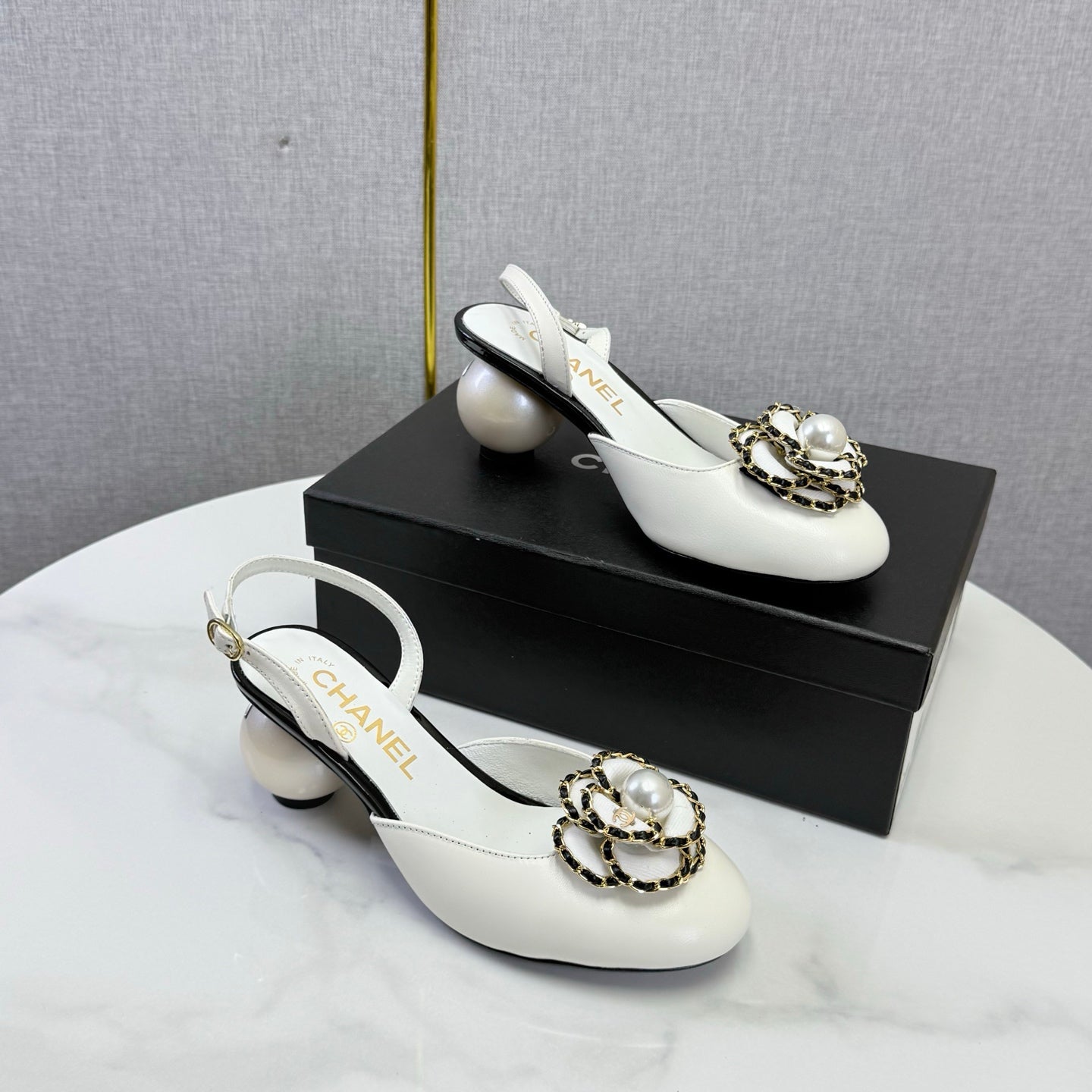 CHANEL 26S CAMELLIA PEARL SLINGBACKS IN WHITE CALFSKIN