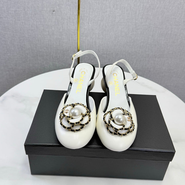 CHANEL 26S CAMELLIA PEARL SLINGBACKS IN WHITE CALFSKIN