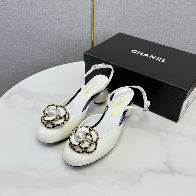CHANEL 26S CAMELLIA PEARL SLINGBACKS IN WHITE CALFSKIN