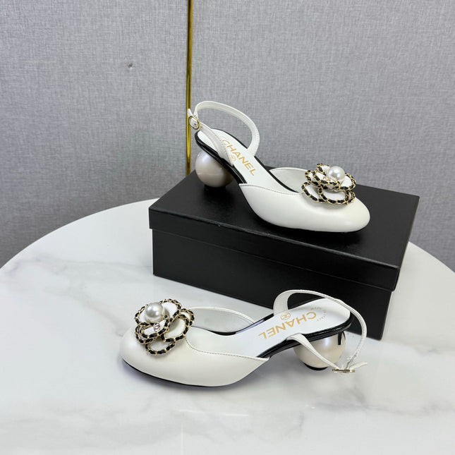 CHANEL 26S CAMELLIA PEARL SLINGBACKS IN WHITE CALFSKIN