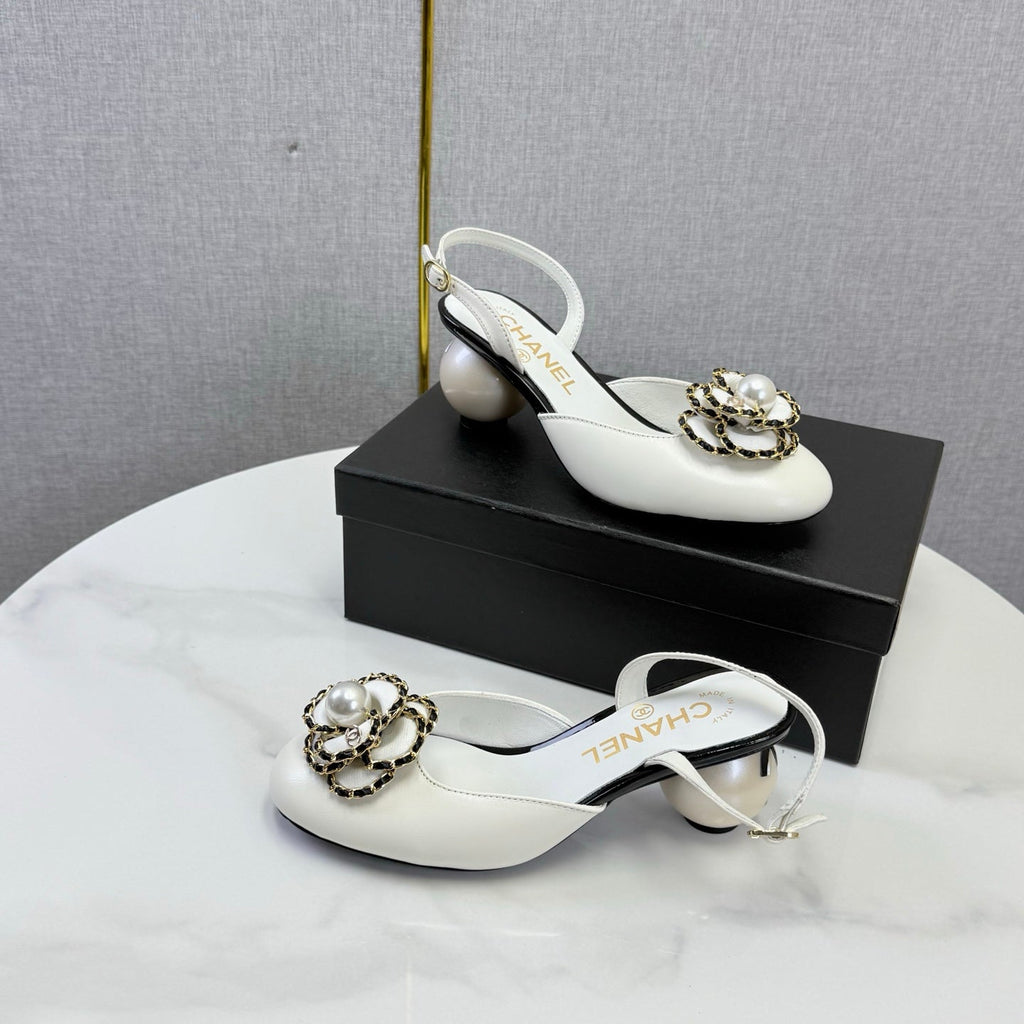 CHANEL 26S CAMELLIA PEARL SLINGBACKS IN WHITE CALFSKIN