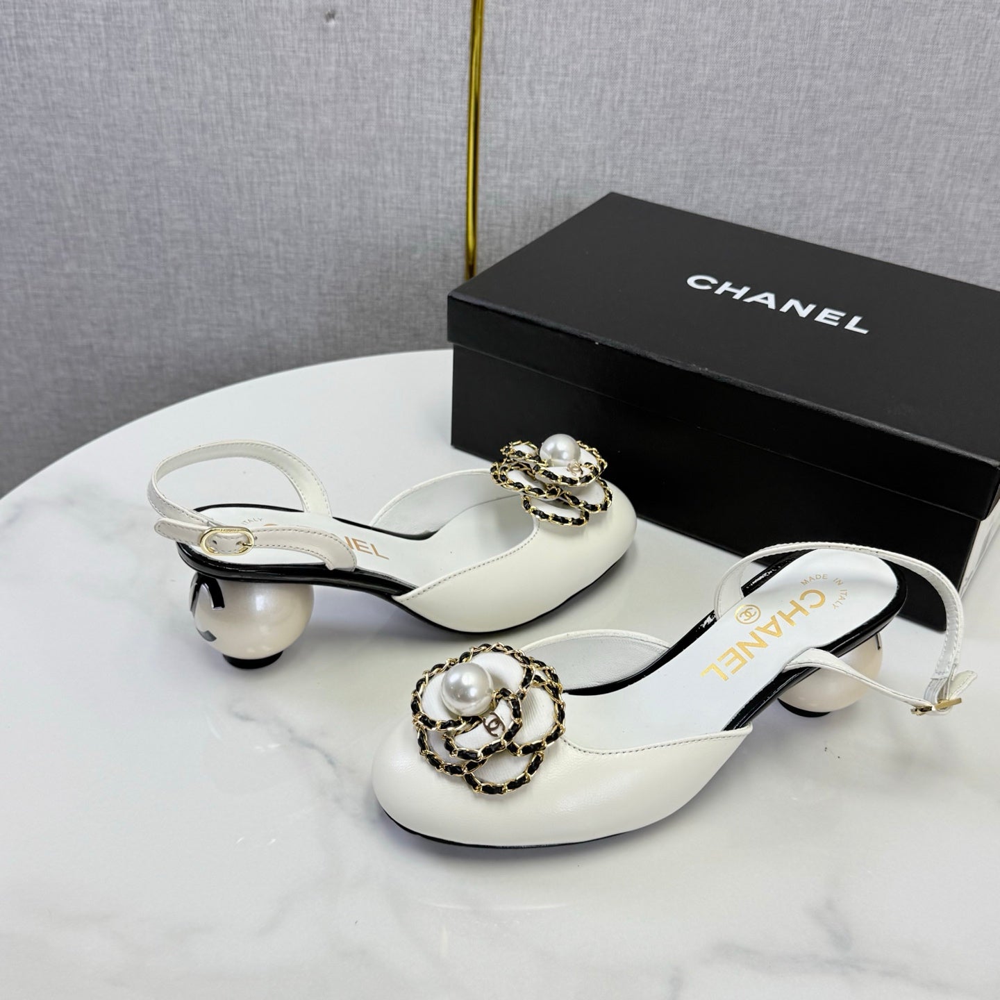 CHANEL 26S CAMELLIA PEARL SLINGBACKS IN WHITE CALFSKIN