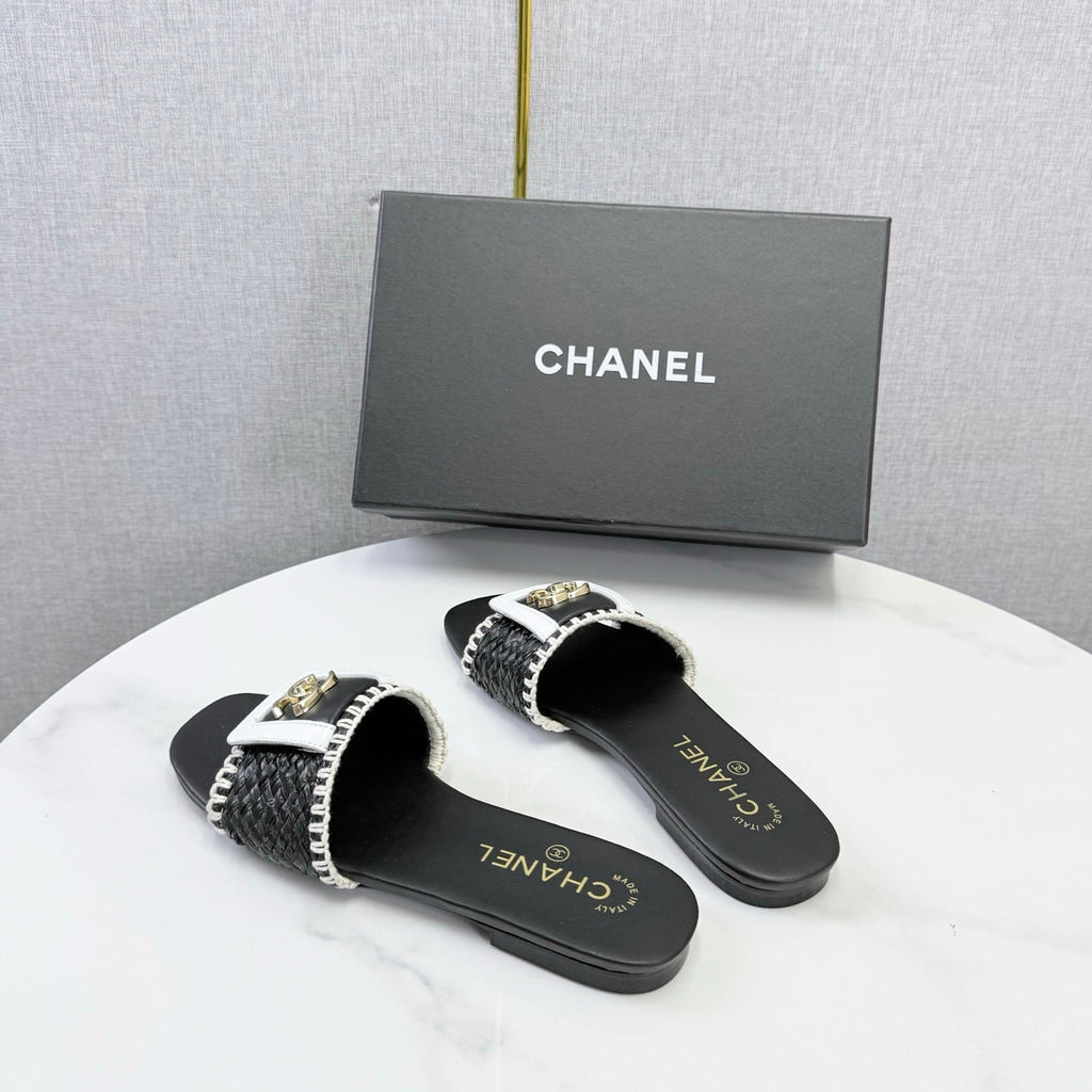 CHANEL 26S WOVEN STRAP SLIDES IN BLACK LAMBSKIN