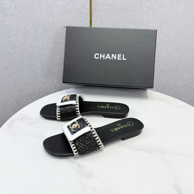 CHANEL 26S WOVEN STRAP SLIDES IN BLACK LAMBSKIN