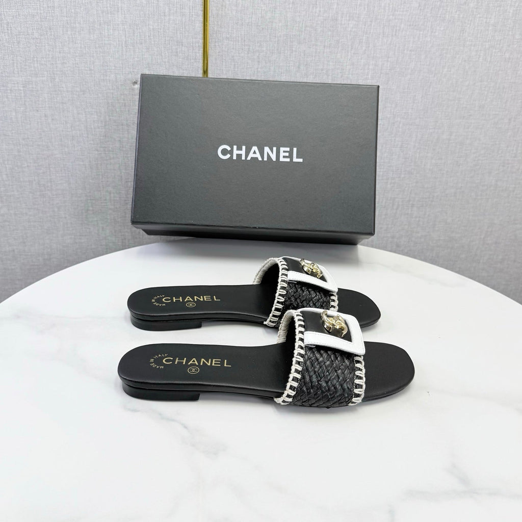 CHANEL 26S WOVEN STRAP SLIDES IN BLACK LAMBSKIN