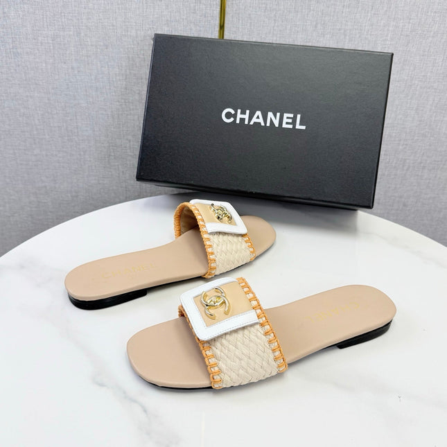 CHANEL 26S WOVEN STRAP SLIDES IN BEIGE AND ORANGE LAMBSKIN
