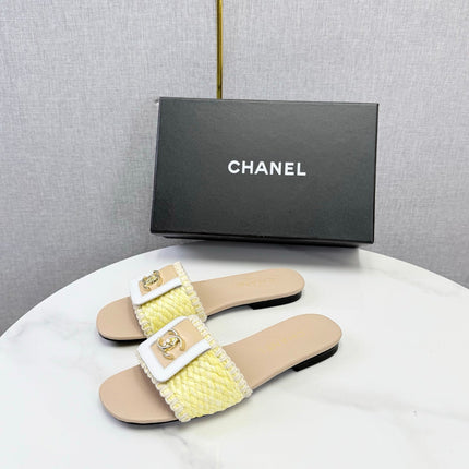 CHANEL 26S WOVEN STRAP SLIDES IN YELLOW AND BEIGE LAMBSKIN