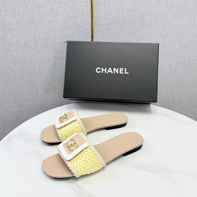 CHANEL 26S WOVEN STRAP SLIDES IN YELLOW AND BEIGE LAMBSKIN