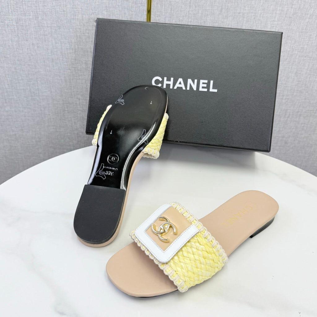 CHANEL 26S WOVEN STRAP SLIDES IN YELLOW AND BEIGE LAMBSKIN