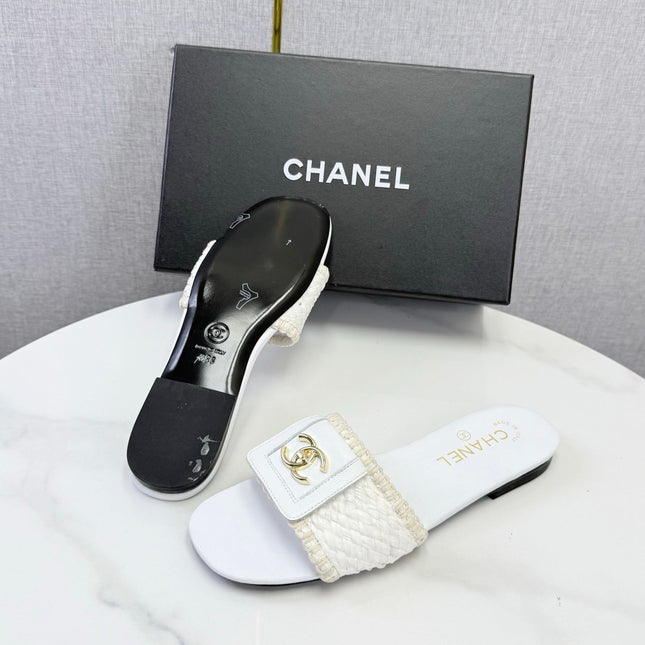 CHANEL 26S WOVEN STRAP SLIDES IN WHITE LAMBSKIN