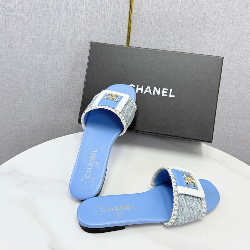 CHANEL 26S WOVEN STRAP SLIDES IN SKY BLUE LAMBSKIN
