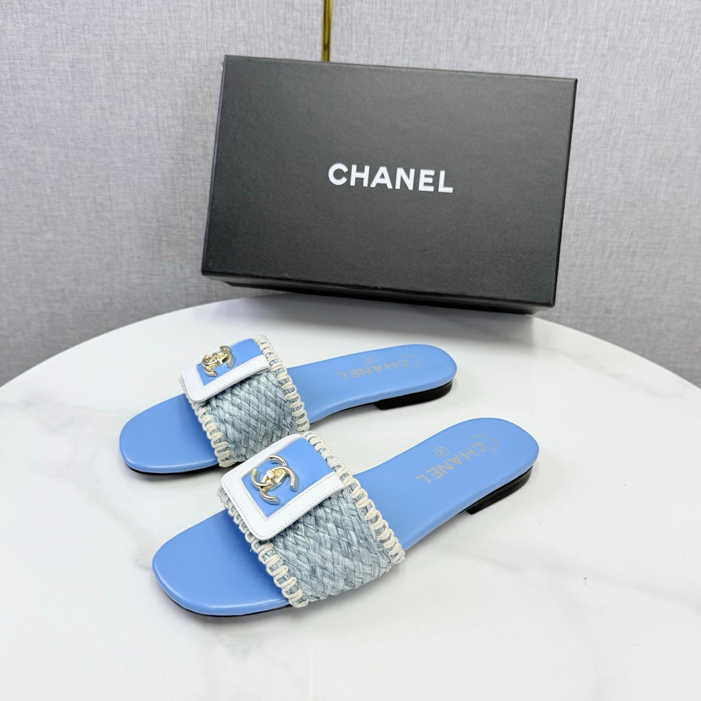 CHANEL 26S WOVEN STRAP SLIDES IN SKY BLUE LAMBSKIN