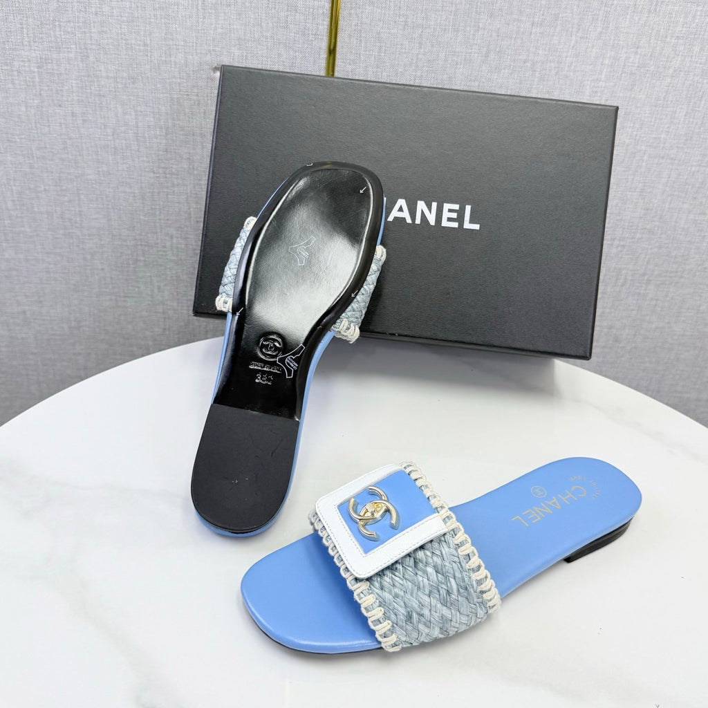 CHANEL 26S WOVEN STRAP SLIDES IN SKY BLUE LAMBSKIN