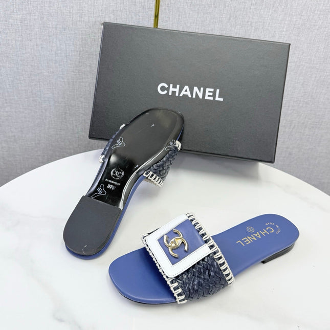 CHANEL 26S WOVEN STRAP SLIDES IN DARK BLUE LAMBSKIN
