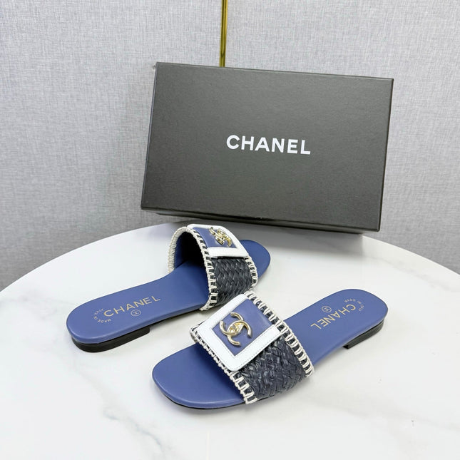 CHANEL 26S WOVEN STRAP SLIDES IN DARK BLUE LAMBSKIN