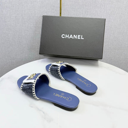 CHANEL 26S WOVEN STRAP SLIDES IN DARK BLUE LAMBSKIN