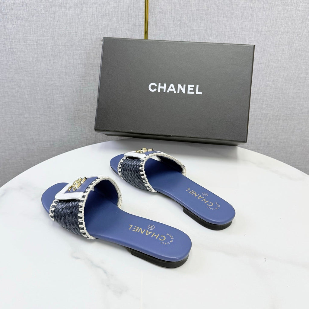 CHANEL 26S WOVEN STRAP SLIDES IN DARK BLUE LAMBSKIN
