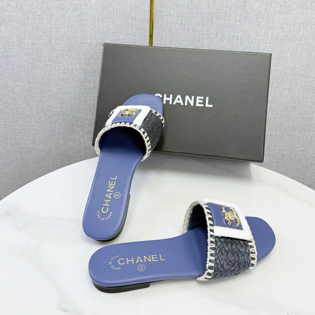CHANEL 26S WOVEN STRAP SLIDES IN DARK BLUE LAMBSKIN