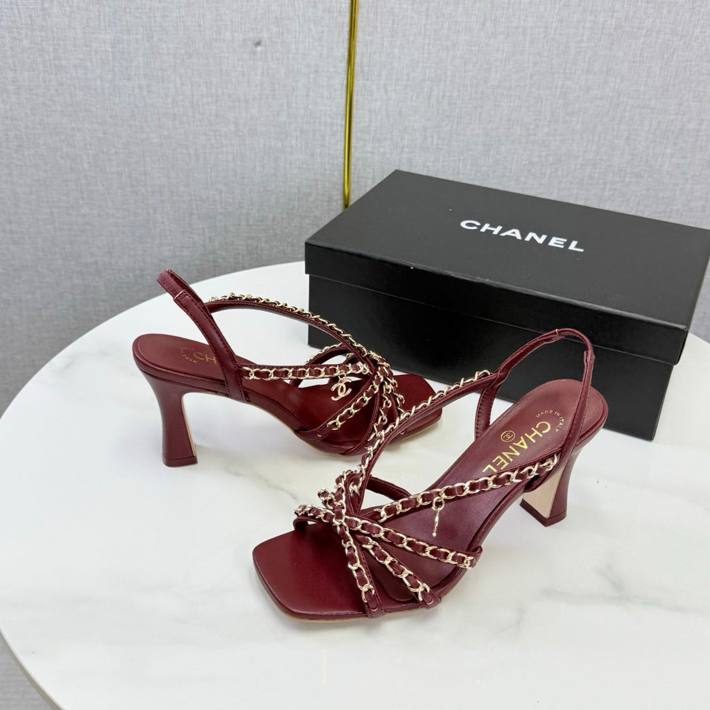 CHANEL 26S CHAIN STRAP HIGH HEELS 65 MM IN DARK RED LAMBSKIN