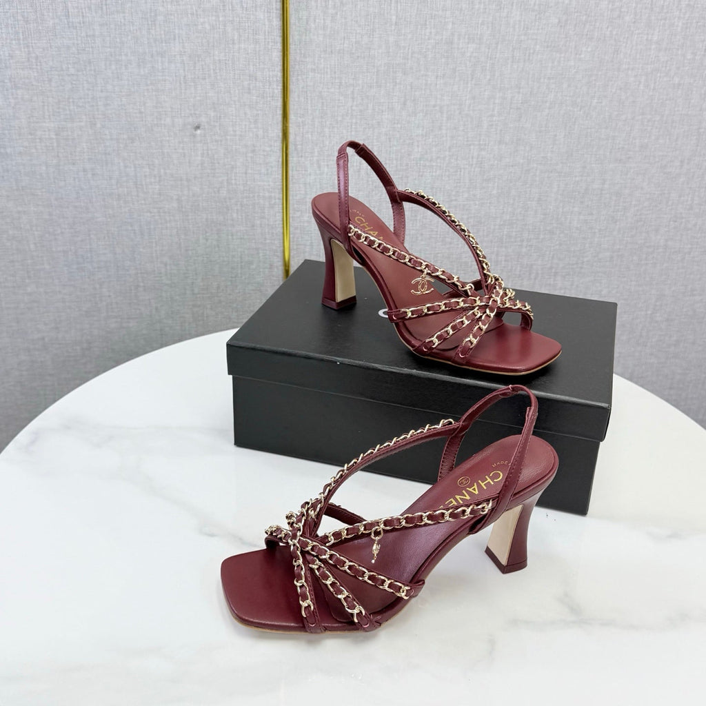 CHANEL 26S CHAIN STRAP HIGH HEELS 65 MM IN DARK RED LAMBSKIN