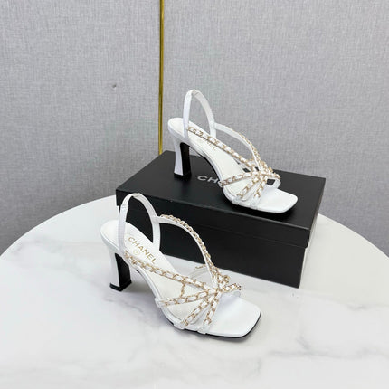 CHANEL 26S CHAIN STRAP HIGH HEELS 65 MM IN WHITE LAMBSKIN