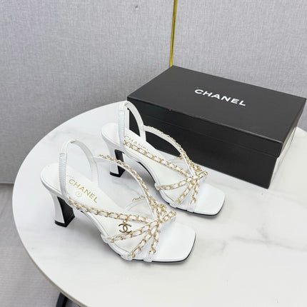 CHANEL 26S CHAIN STRAP HIGH HEELS 65 MM IN WHITE LAMBSKIN