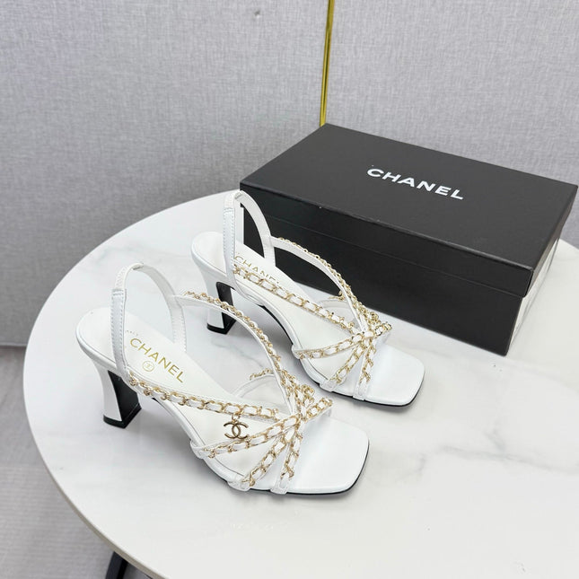 CHANEL 26S CHAIN STRAP HIGH HEELS 65 MM IN WHITE LAMBSKIN