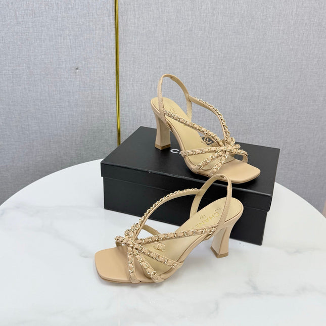 CHANEL 26S CHAIN STRAP HIGH HEELS 65 MM IN BEIGE LAMBSKIN