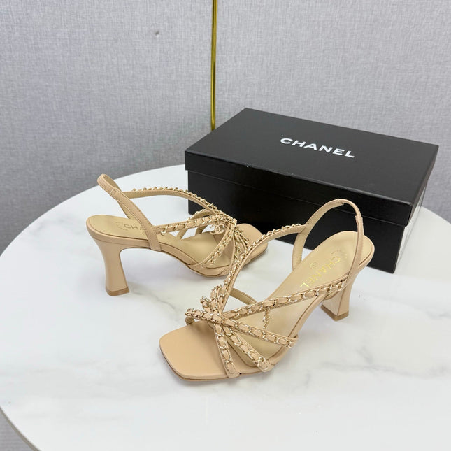 CHANEL 26S CHAIN STRAP HIGH HEELS 65 MM IN BEIGE LAMBSKIN