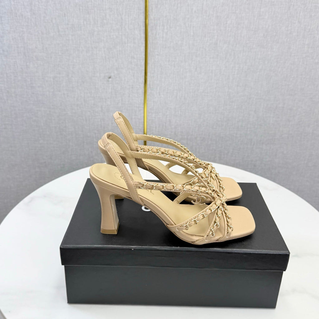 CHANEL 26S CHAIN STRAP HIGH HEELS 65 MM IN BEIGE LAMBSKIN