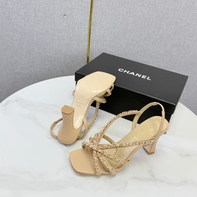 CHANEL 26S CHAIN STRAP HIGH HEELS 65 MM IN BEIGE LAMBSKIN