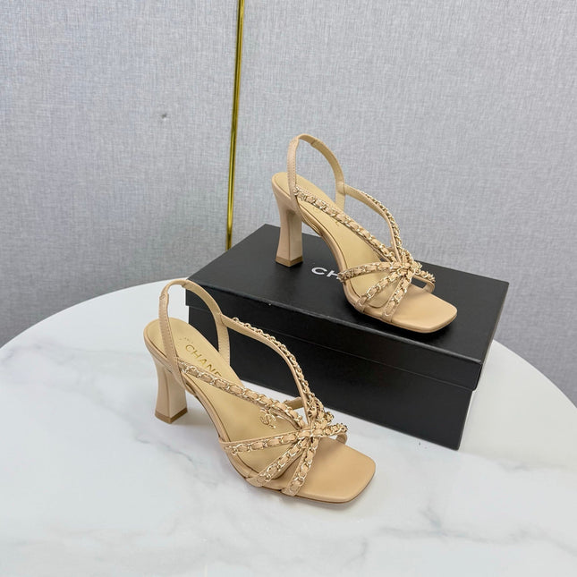 CHANEL 26S CHAIN STRAP HIGH HEELS 65 MM IN BEIGE LAMBSKIN