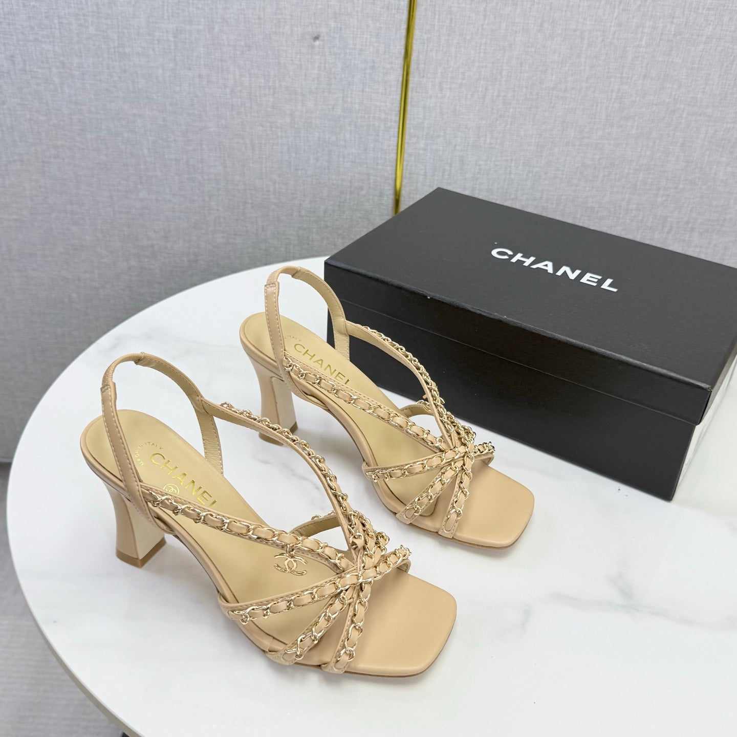CHANEL 26S CHAIN STRAP HIGH HEELS 65 MM IN BEIGE LAMBSKIN