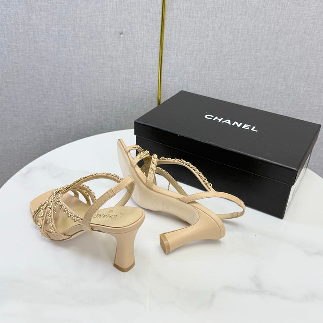 CHANEL 26S CHAIN STRAP HIGH HEELS 65 MM IN BEIGE LAMBSKIN